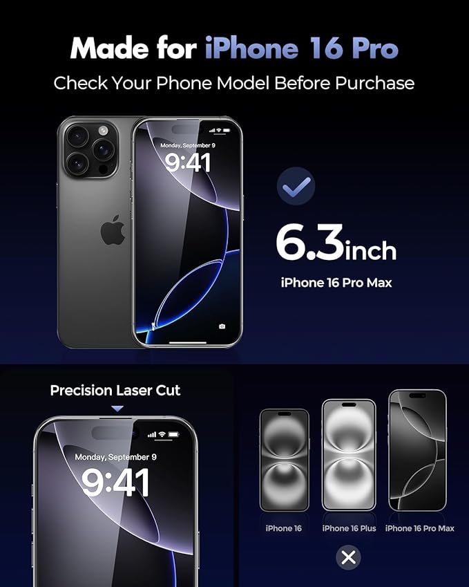 UNBREAKcable 3-Pack Screen Protector for iPhone 16 Pro Tempered Glass - [One-Pull Perfection] [Auto Dust-Elimination] [9H+ Hardness] [99.99% HD Clear] Full Coverage for iPhone 6.3 inch