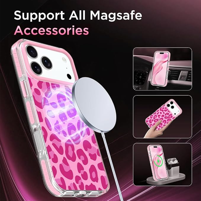 SAKUULO Magnetic for iPhone 17 Pro Max Case with Screen Protector [Compatible with MagSafe] Hot Pink Leopard Print Pattern Wireless Charge Strengthen Protection Cover Hot Pink Leopard (6.9")