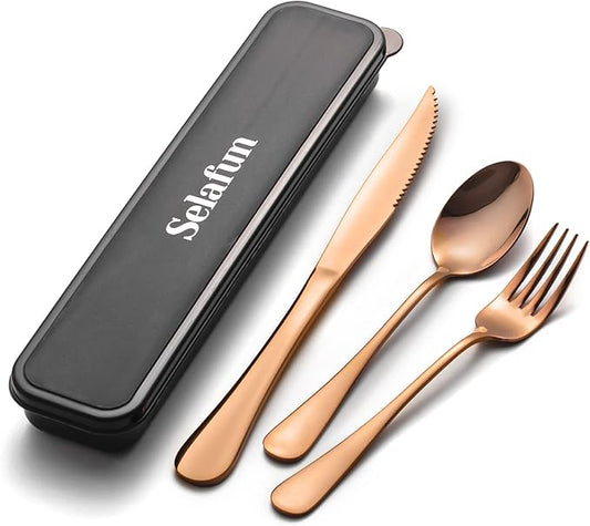 4-pieces Travel Set with Case Portable Silverware Utensils Set for work, Stainless Steel Reusable Flatware Set Cutlery Set for Camping Picnic Hiking Office (6.7inch, Rose Gold)
