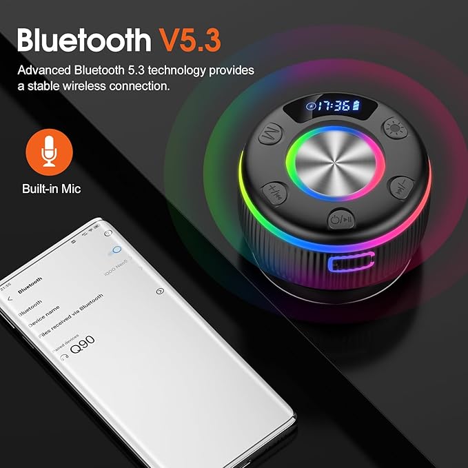 Bluetooth Shower Speaker, Portable Bluetooth 5.3 Speakers Wireless with Time Display, IP7 Waterproof Speakers with RGB Light, Suction Cup, Mini Stereo Speaker for Bathroom Party Beach Outdoor Gifts