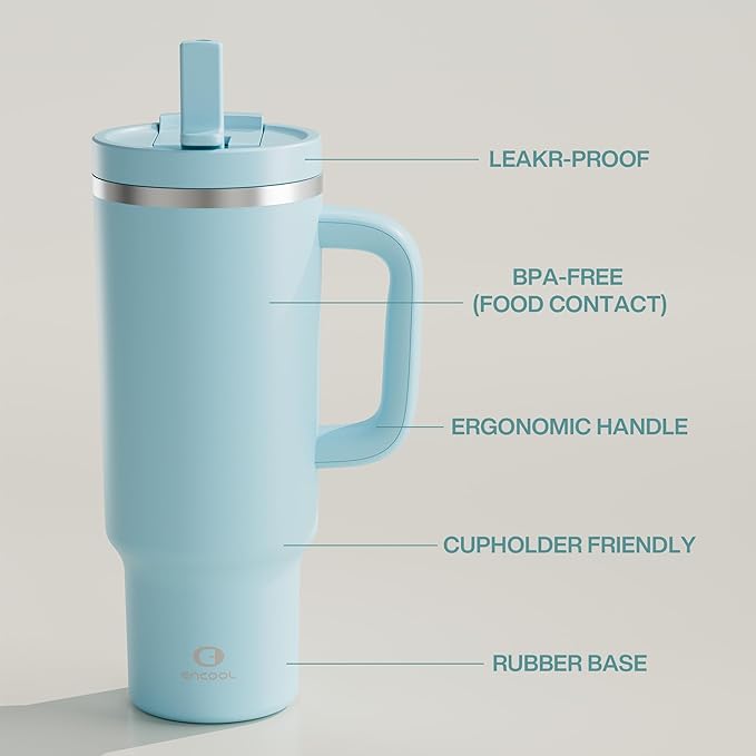 40 oz Tumbler with Handle and Straw: Stainless Steel Insulated Tumbler Keeps Cold for 24 Hours, Leakproof Travel Cup Fits in Cup Holder and BPA-Free, Pewter Blue