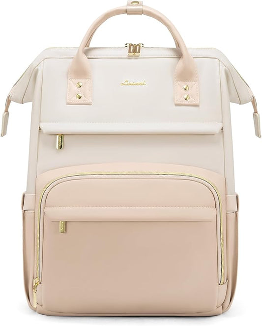 LOVEVOOK Leather Backpack for Women, 17 inch Laptop Backpack, Professional Work & Travel Bag, Beige-Flesh Beige