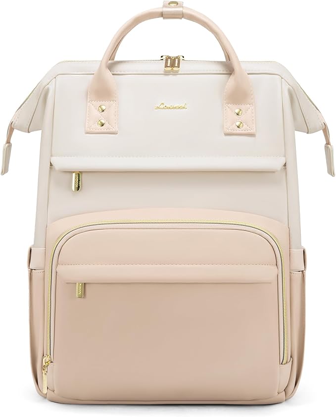 LOVEVOOK Leather Backpack for Women,18 inch Leather Laptop Backpack Women,Professional Work Backpack Nurse College Teacher Bag,Womens Laptop Tote Bag Computer Travel Backpack Purse,Beige-Flesh Beige
