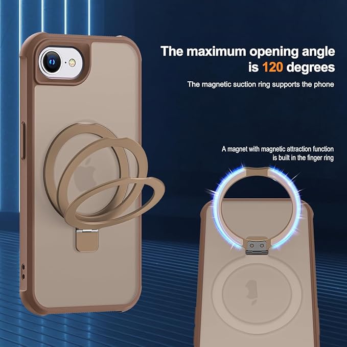 Compatible with iPhone 16E Case with Invisible Magnetic O-Ring Stand Military-Grade Translucent Case for iPhone 16E 6.1" [Compatible with Mag-Safe][Great Grip Feeling],Desert Brown