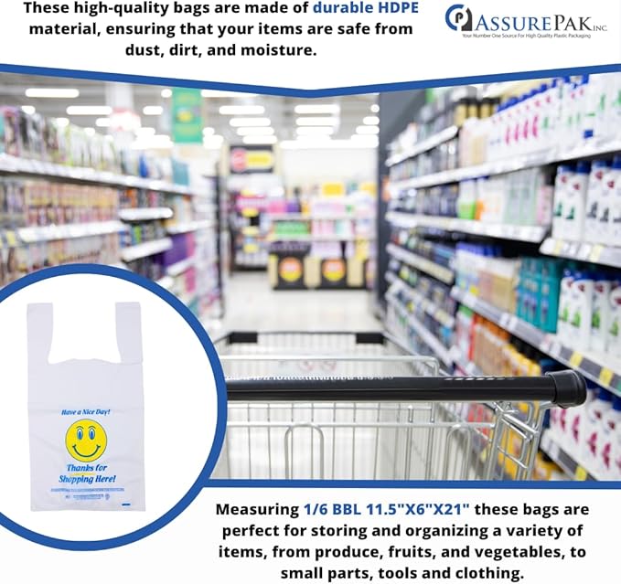 White Happy Face/Smiling Face HDPE T-Shirt Bags - 500 Bags - for Retail, Groceries, Merchandise, Convenience Store, Supermarket, Restaurant - 11.5"x 6"x 21" - 18 microns - White