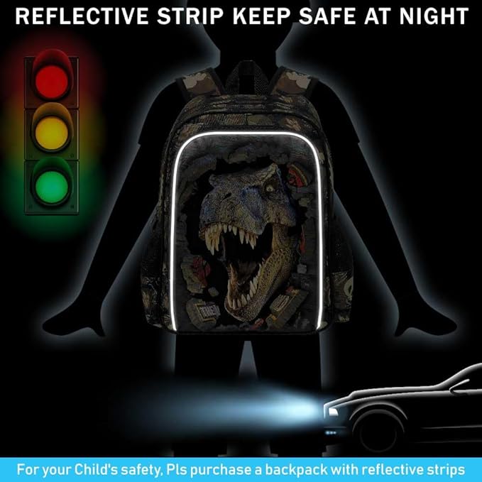 16" Boys Backpack, Dinosaur Kids Bookbag with Lunch Box, 3Pcs Dino School Backpacks for Elementary Preschool Kindergarten (Black)