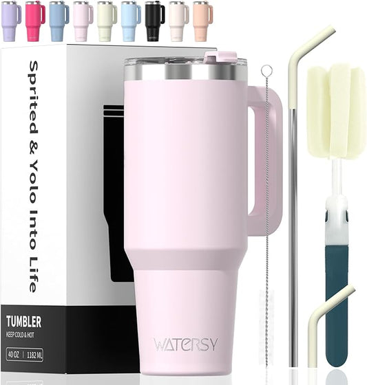 40 oz Tumbler with Handle,Tumbler with Lid and Straw,Double Wall Insulated Cup Stainless Steel Travel Mug(Cold for 34 Hours),Water Bottle for Iced Tea,Coffee,Cold Beverages(Rose Quartz)