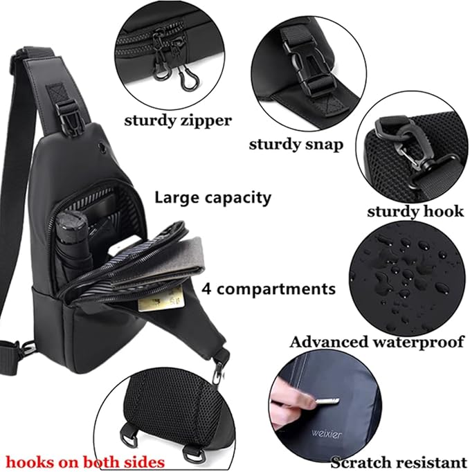 Waterproof Sling Bags Mens Shoulder Crossbody Backpack with USB Charging Port& Headphone,Outdoor Lightweight Bag