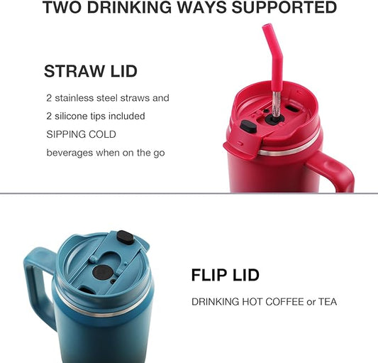 50 oz Tumbler with Handle, Insulated Tumblers with Lid and Straw, Large Metal Sports Water Bottle Jug, Thermal Stainless Steel Travel Coffee Mug Cup, Raspberry