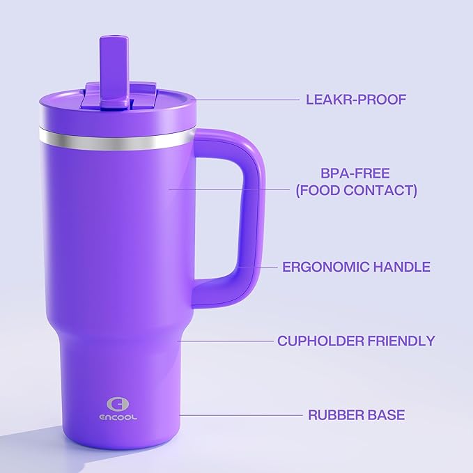 32 oz Tumbler with Handle and Straw: Stainless Steel Insulated Tumbler Keeps Cold for 24 Hours, Leakproof Travel Cup Fits in Cup Holder and BPA-Free, Violet
