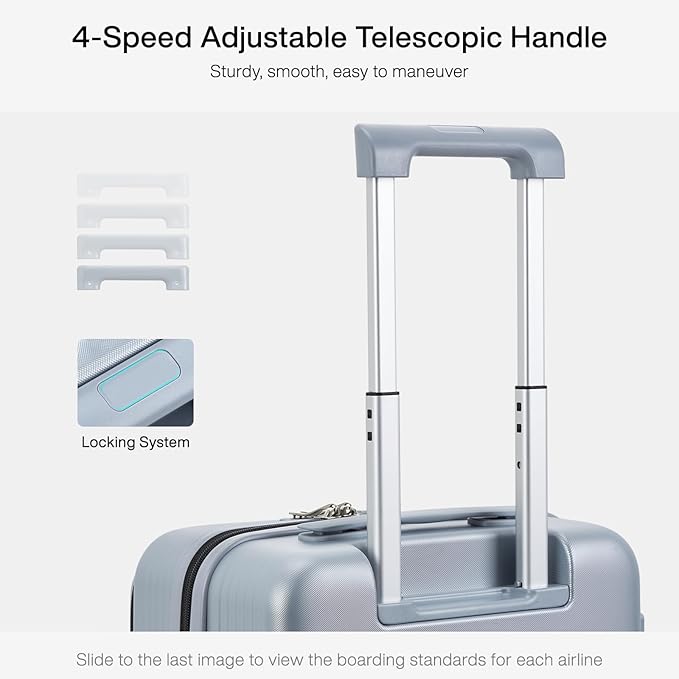 Hanke Grace Carry On Luggage with Wheels Airline Approved Hard Shell Suitcases with Front Pocket，Top Opening Luggage with TSA Lock for Short Business Travel， Grey.