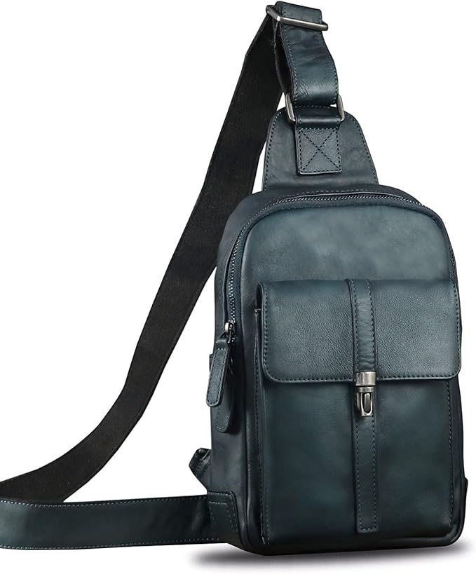 IVTG Genuine Leather Sling Bag Casual Shoulder Hiking Backpack Vintage Handmade Crossbody Bag Retro Chest Daypack (NavyBlue)