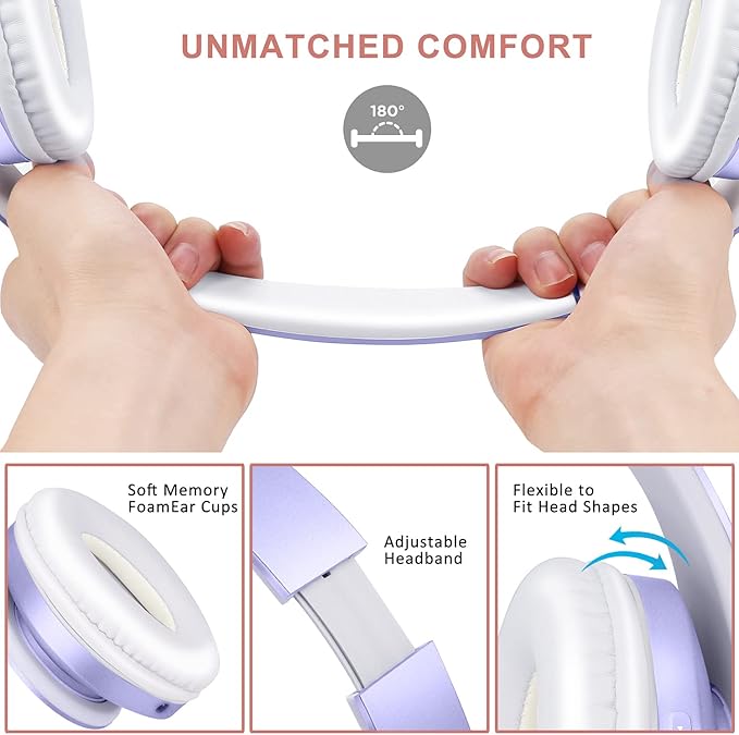 ZIHNIC Bluetooth Headphones Over-Ear, Foldable Wireless and Wired Stereo Headset Micro SD/TF, FM for Cell Phone,PC,Soft Earmuffs &Light Weight for Prolonged Wearing (Purple)