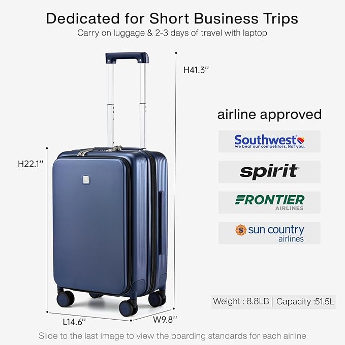 Hanke Grace Expandable Carry On Luggage with Wheels Airline Approved Hard Shell Suitcases with Front Pocket，Top Opening Luggage with TSA Lock for Short Business Travel, Dark Blue.