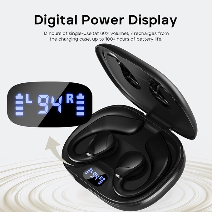 Tribit Open-Ear Headphones OpenGo, Wireless Earbuds with Bluetooth 5.3, IPX5 Waterproof Sport Earphones, 104H Playtime with Charging Case, Ergonomic Earhooks, LED Display, Built-in Mic for Workout