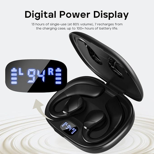 Tribit Open-Ear Headphones OpenGo, Wireless Earbuds with Bluetooth 5.3, IPX5 Waterproof Sport Earphones, 104H Playtime with Charging Case, Ergonomic Earhooks, LED Display, Built-in Mic for Workout