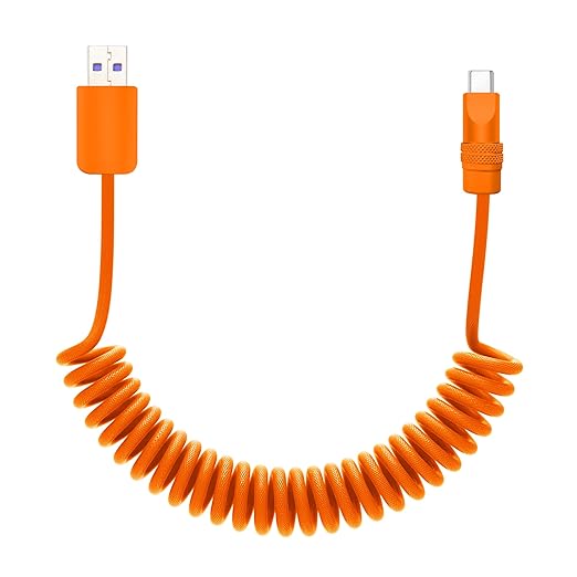 chubbycable Curly Chubby Retractable Fast Charging Cable 120W Coiled Charger Cord for Car Durable USB C Cable Compatible with iPhone 16/15 Series, Orange+Orange, USB-A to Type-C, 1.3FT-2.3FT