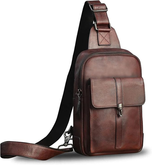 IVTG Genuine Leather Sling Bag Casual Shoulder Hiking Backpack Vintage Handmade Crossbody Bag Retro Chest Daypack (Coffee)