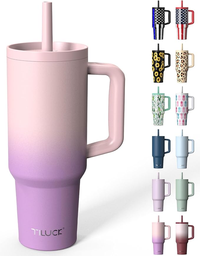 TILUCK 40 oz Tumbler with Handle, Vacuum Insulated Stainless Steel Travel Mug with 100% Leak-Proof Silicone Straw Lid, Cupholder Friendly Water Bottle(PinkPurpleGradient, 40oz)