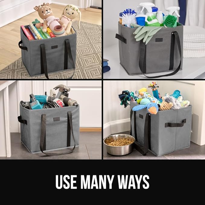 GORILLA GRIP Heavy Duty Foldable Reusable Grocery Bags, 3 Pack, Tear Resistant Box Shape Shopping Tote with Reinforced Handles, Grip Feet, Easily Carry and Transport Groceries, 13x10x11, Gray Black