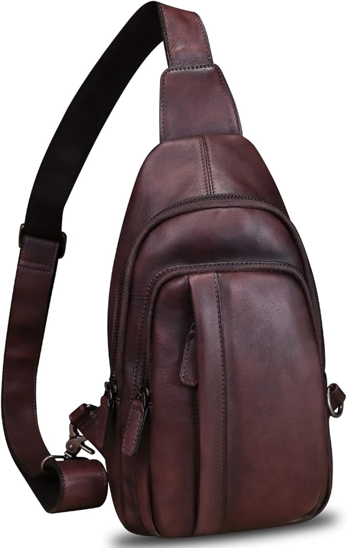 IVTG Genuine Leather Sling Bag Crossbody Casual Hiking Daypack Vintage Handmade Chest Shoulder Backpack Motorcycle Cycling Purses (Coffee)