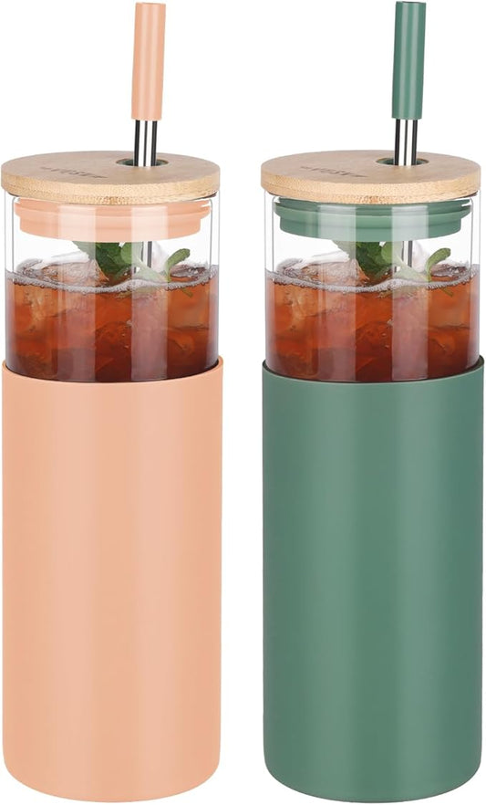 Glass Tumbler w/Lids & Straw - 24oz Reusable Glass Mug/Bamboo Lid & Stainless Steel Straw-BPA Free, Leak-Proof, Dishwash Safe for Coffee, Smoothies, Hot Beverages, Travel, Office, Home Use，2-PK
