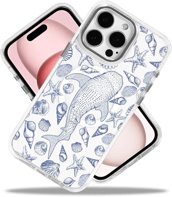 DAIZAG Case for iPhone 16, [Compatible with MagSafe],Phone Case for Women Girls Magnetic Clear Cover,Blue Seashell Whale Shark Ocean