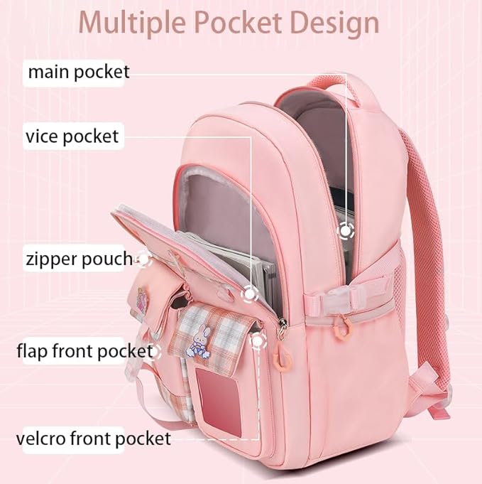 Girl Backpack for School Kids, Pink Cute Bookbag with Lunch Box Rainbow Elementary School Bag Pencil Case (Purple,3Pcs Set)