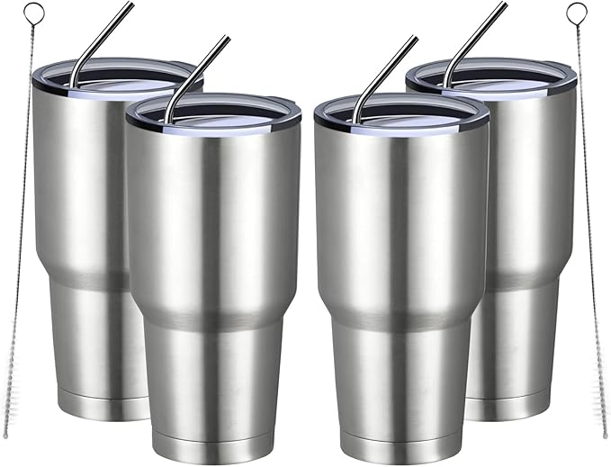 MEWAY 30oz Insulated Tumbler With Lids and Straws,Stainless Steel Double Vacuum Coffee Tumbler Cup, Brush, Durable Powder Coated Coffee Cup for Cold & Hot Drinks, Office(Silver,4 PACK)