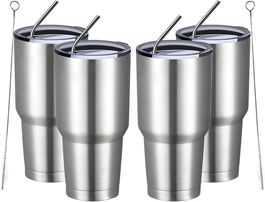 MEWAY 30oz Insulated Tumbler With Lids and Straws,Stainless Steel Double Vacuum Coffee Tumbler Cup, Brush, Durable Powder Coated Coffee Cup for Cold & Hot Drinks, Office(Silver,4 PACK)