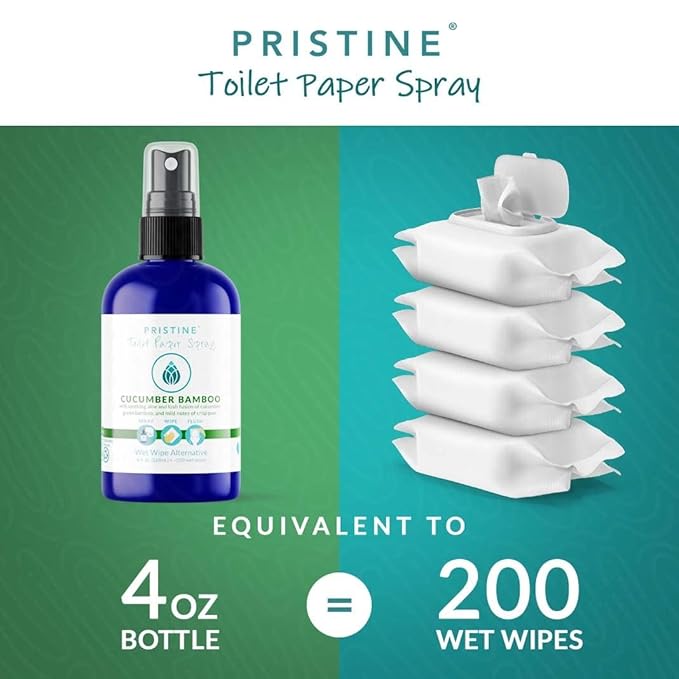 PRISTINE Toilet Paper Spray, As Seen on Shark Tank, More Natural Personal Cleansing Wipes & Flushable Wet Wipes Alternative, Spray Toilet Paper to Create Flushable Wipe, Cucumber Bamboo, 4 fl oz
