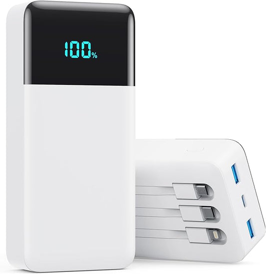 Portable Charger 50800mAh Power Bank with 3 Built in Cable,25W PD QC4.0 Fast Charging USB C Battery Pack,6 Output 2 Input LCD Display Portable Phone Charger for iPhone 16/15/14,Google,Android, White