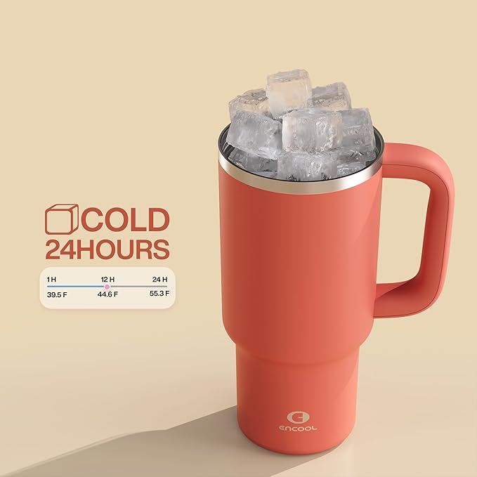 32 oz Tumbler with Handle and Straw: Stainless Steel Insulated Tumbler Keeps Cold for 24 Hours, Leakproof Travel Cup Fits in Cup Holder and BPA-Free, Tawny Orange