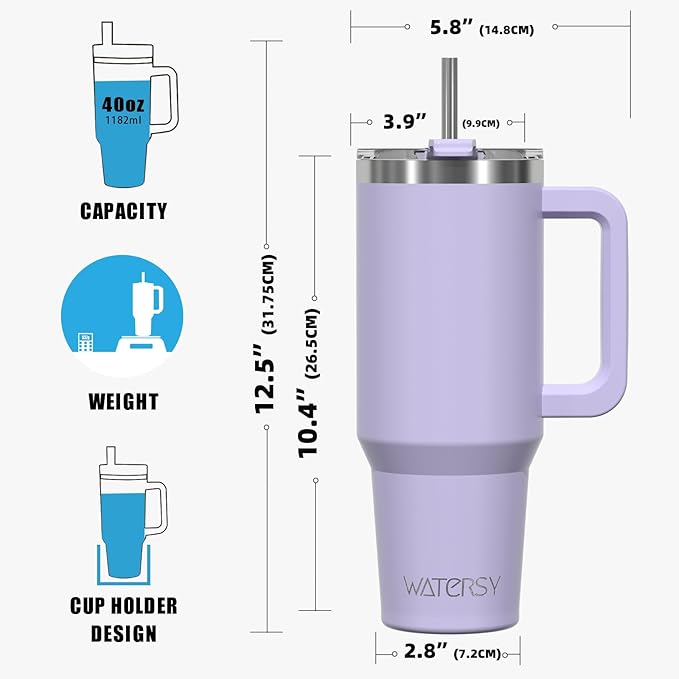 40 oz Tumbler with Handle,Tumbler with Lid and Straw,Double Wall Insulated Cup Stainless Steel Travel Mug(Cold for 34 Hours),Water Bottle for Iced Tea,Coffee,Cold Beverages(Purple)