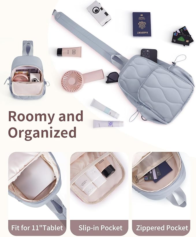 Wandering Nature Sling Bag for Women Lightweight Quilted Crossbody Bag Fits for 11" Tablet with Breathable Back Panel Anti Theft Pocket Padded Strap USB Charge Port, Ideal for Travel, Daily Use