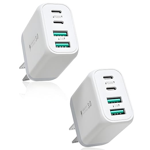 USB C Charger Fast Charging Block,2 Pack 40W PD 4 Port USB C Charger Block Dual Type C Power Adapter+Dual USB-A QC Wall Charging Plug Multiport Brick for iPhone 16/15/14/13/12/11/iPad Pro/Air/Airpods