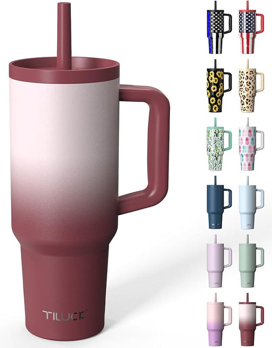 TILUCK 40 oz Tumbler with Handle, Vacuum Insulated Stainless Steel Travel Mug with 100% Leak-Proof Silicone Straw Lid, Cupholder Friendly Water Bottle(BurgundyGradient, 40oz)