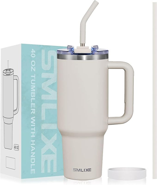 40 oz Tumbler with Handle and Straw Lid,Insulated Reusable Stainless Steel Water Bottle Travel Mug，Cupholder Friendly Double Wall Vacuum Sealed Cup (Almond Birch)