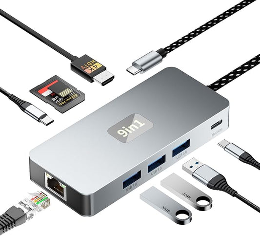 USB C Hub, 9 in 1 USB C to 4K@60HZ HDMI Multiport Adapter, RJ45 Gigabit Ethernet, 3 USB 3.0 Ports, SD/TF Card Reader, PD 100W, Desigend for MacBook Pro Air HP XPS and Other Type C Devices