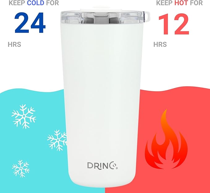 Drinco - 20 oz Stainless Steel Tumbler | Double Walled Vacuum Insulated Mug With Lid, 2 Straws, For Hot & Cold Drinks (20oz Artic White, 20oz)