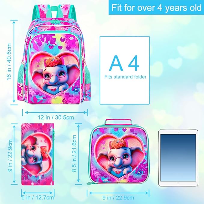 16" Girls Backpack, 3Pcs Elephant School Bookbag with Lunch Box, Kids Backpacks for Elementary Preschool Kindergarten(Pink)