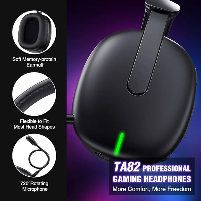 TA82 Wireless Gaming Headset with Detachable Noise Canceling Microphone for PS5 PS4 PC, 2.4GHz USB Gamer Headphones with 7.1 Surround Sound, Memory Foam Ear Pads