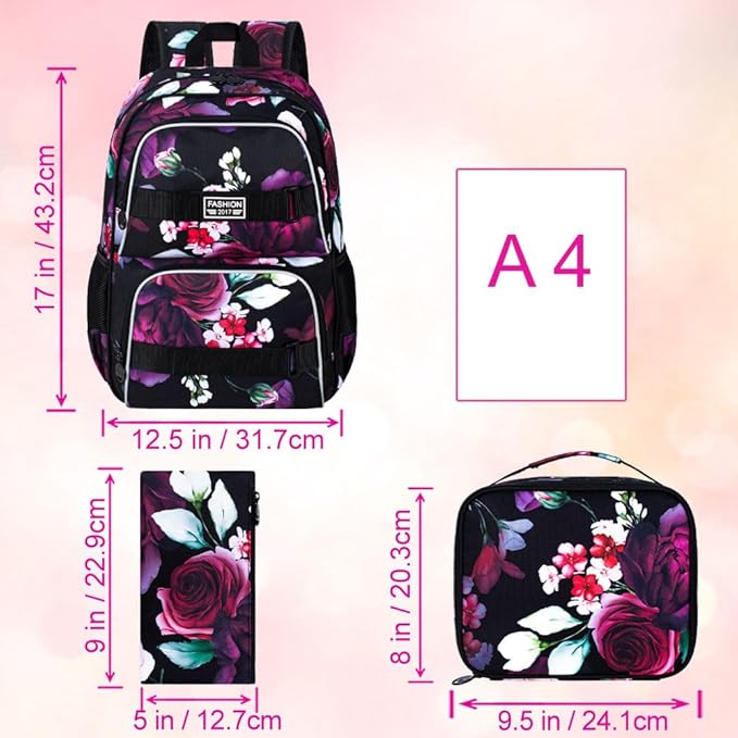 17 Inches Backpack for Girls Women, 3Pcs Rose Laptop Backpacks with Lunch Bag, Water Resistant College School Bookbag Set for Teens Students(Black)