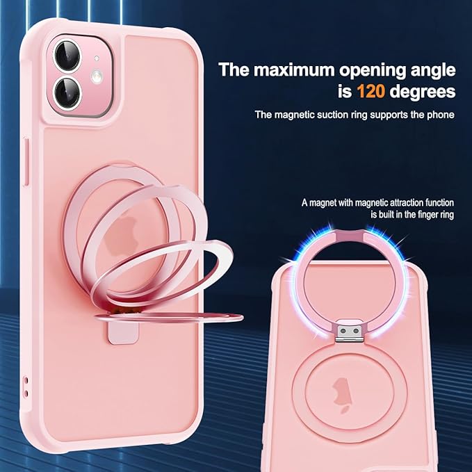 Compatible with iPhone 12 Case & iPhone 12 Pro Case with Invisible Magnetic O-Ring Stand Translucent Phone Cases 6.1" [Compatible with Mag-Safe][Great Grip Feeling], Pink