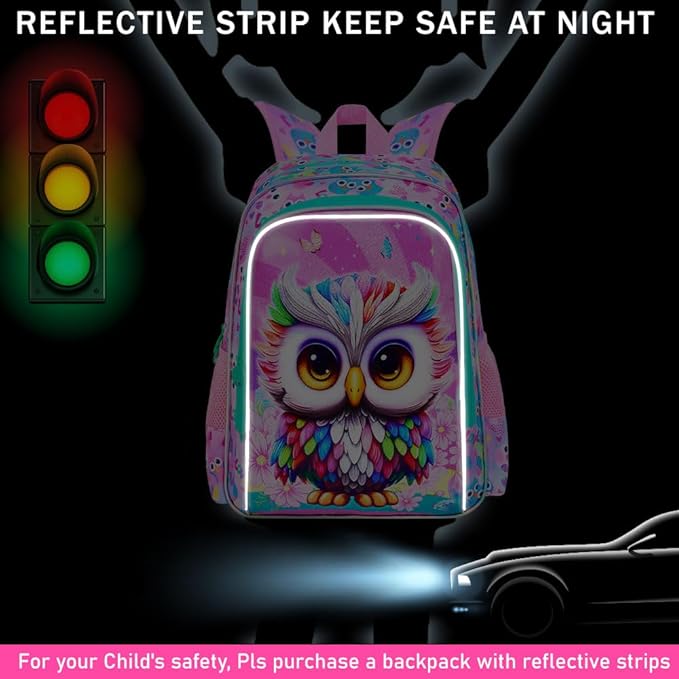 3Pcs Backpack for Girls, 16" Kids Bookbag with Lunch Box, Owl School Backpacks Set for Elementary Preschool Kindergarten(Pink)