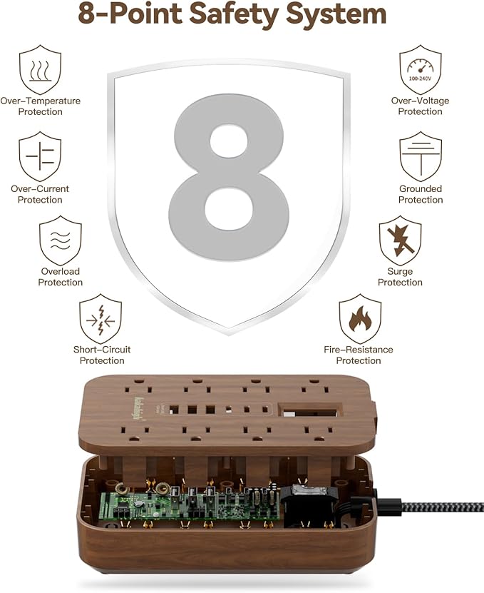 Walnut Extension Cord with Multi Ports - 5 FT Flat Braided Power Strip, 1625W Tan Extension Cord with 6 AC Outlet 3 USB, Compact for Brown Tan Wood Walnut Grain Distinctive Vintage Desk Accessories