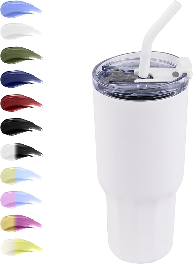 VEGOND 30 oz Insulated Stainless Steel Tumbler with lid and straw Double Wall Vacuum Travel Coffee Mug with Non-Slip Silicone Base, Sweat Proof Powder Coated Cup for Hot Cold Drinks, White