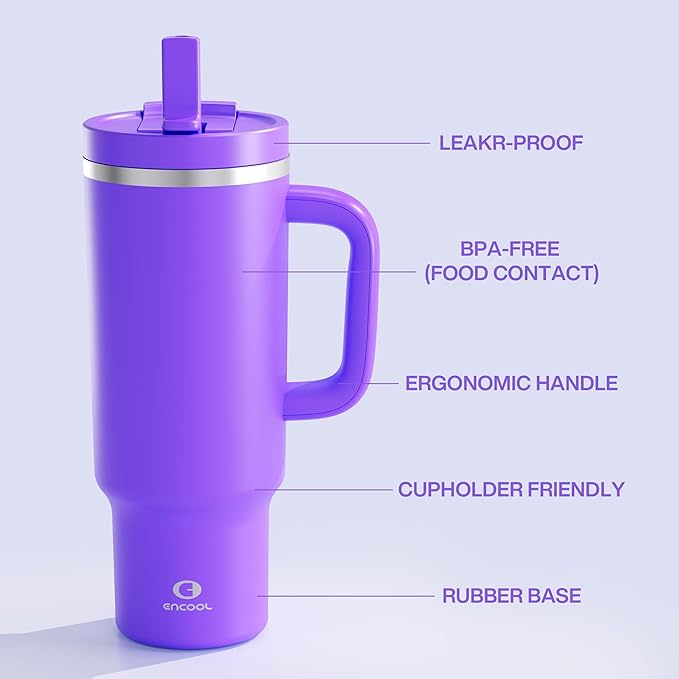 40 oz Tumbler with Handle and Straw: Stainless Steel Insulated Tumbler Keeps Cold for 24 Hours, Leakproof Travel Cup Fits in Cup Holder and BPA-Free, Violet