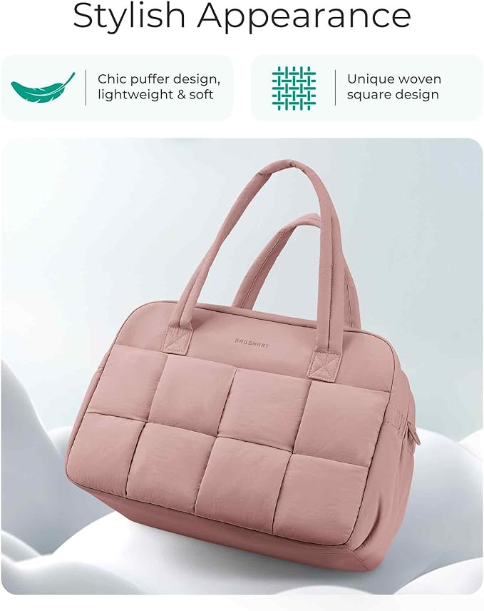 BAGSMART Gym Bag for Women, 24L Puffer Travel Duffle Bag for Travel with Laptop Compartment, Weekender Bags for Women, Carry On Duffel Bag Personal Item Bag, Dark Pink