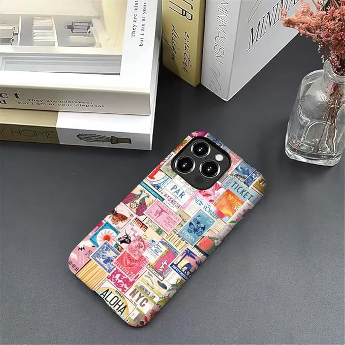 Generic Case Compatible with iPhone 12/12 Pro,Vintage Stamps Collage Phone Case for Girl Women,Durable Protection Case
